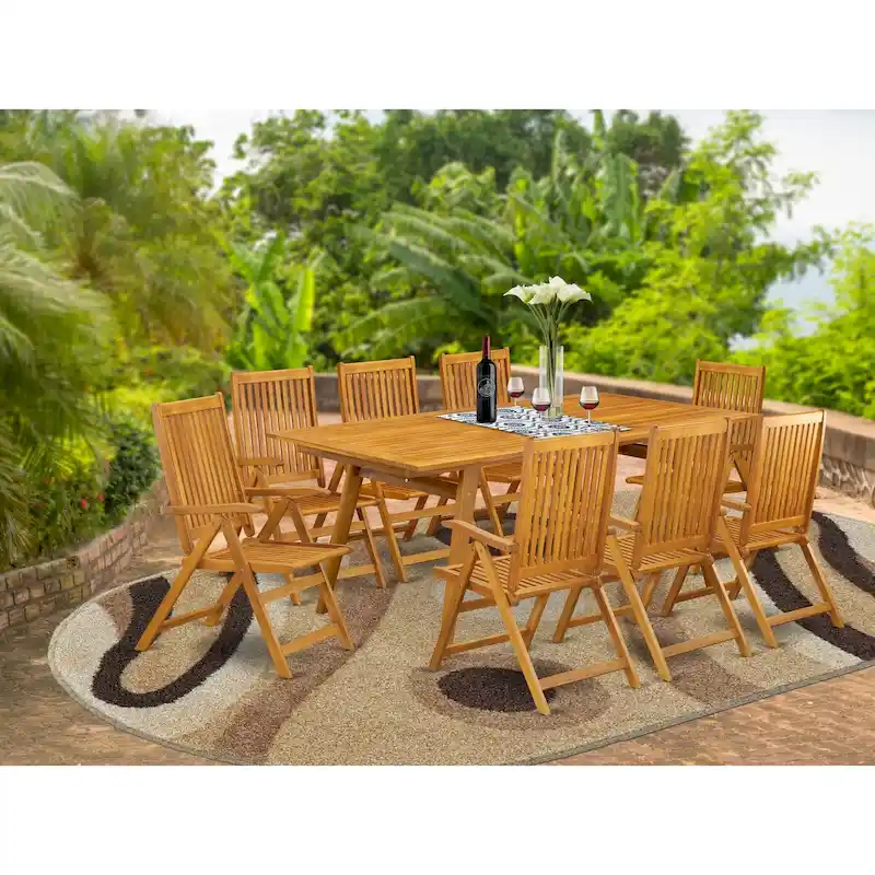 Outdoor Dining Set - Chairs with High Slatted Back and Rectangle Table with Wooden 4 legs - Natural Oil Finish (Pieces option)