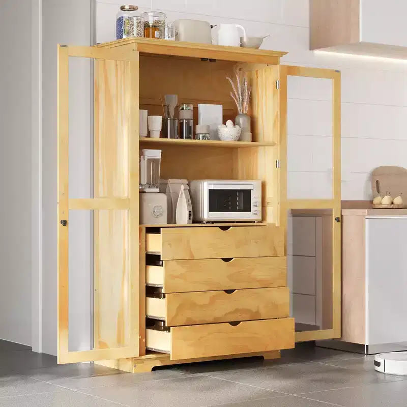 Large Pine Wood Kitchen Pantry Cabinet with Glass Doors and 4 Drawers, 44.7W x 20D x 75H in.