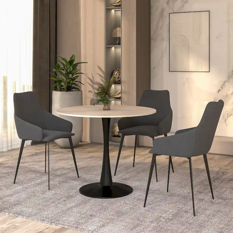 35in Round Dining Table with Sintered Stone Tabletop, Black Steel Pedestal Base, Scratch-Resistant