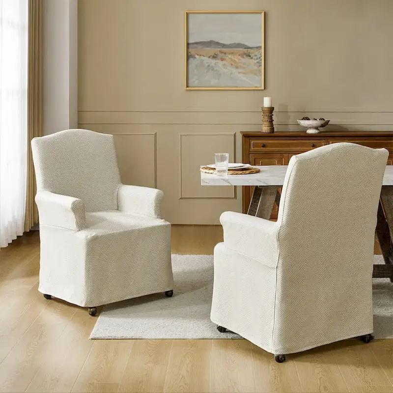 Upholstered Slipcover Arm Dining Chairs Set of 2 | Solid Wood Legs | Caster Wheels | Traditional Style
