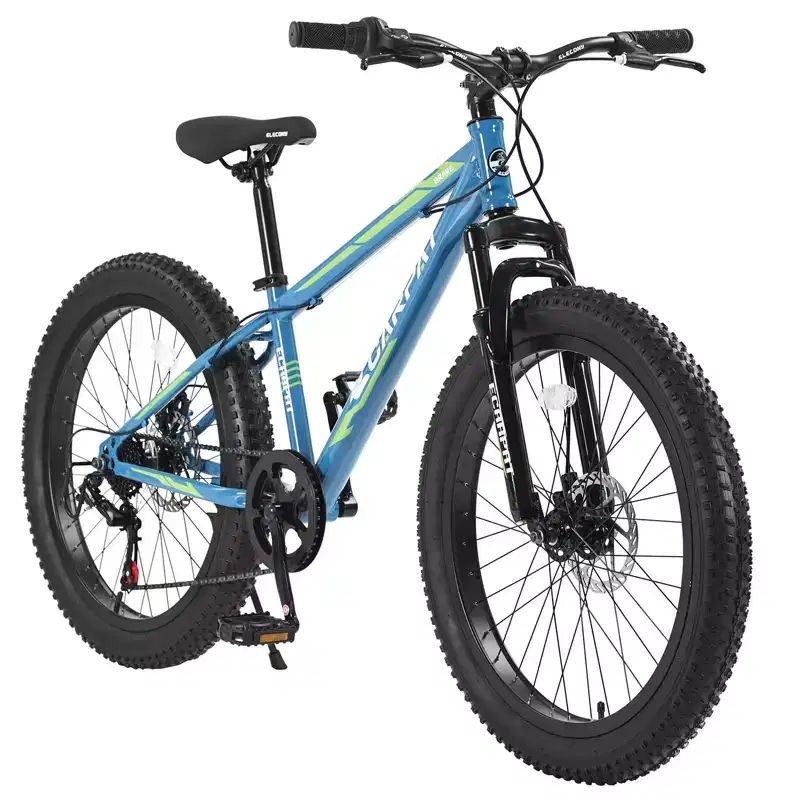 Okak 24IN Fat Tire Bike with Front Suspension, 7-Speed Mountain Bike with Disc Brake and High-Carbon Steel Frame, Trail Bike for Commuting