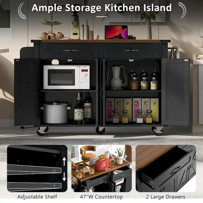 Farmhouse kitchen island with electrical outlets and drop-leaf panels