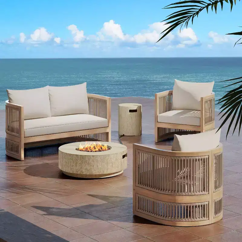 Christopher Knight Home Joplin 5 Piece Outdoor Acacia Wood and Rope Chat Set with Cushions and Round Fire Pit