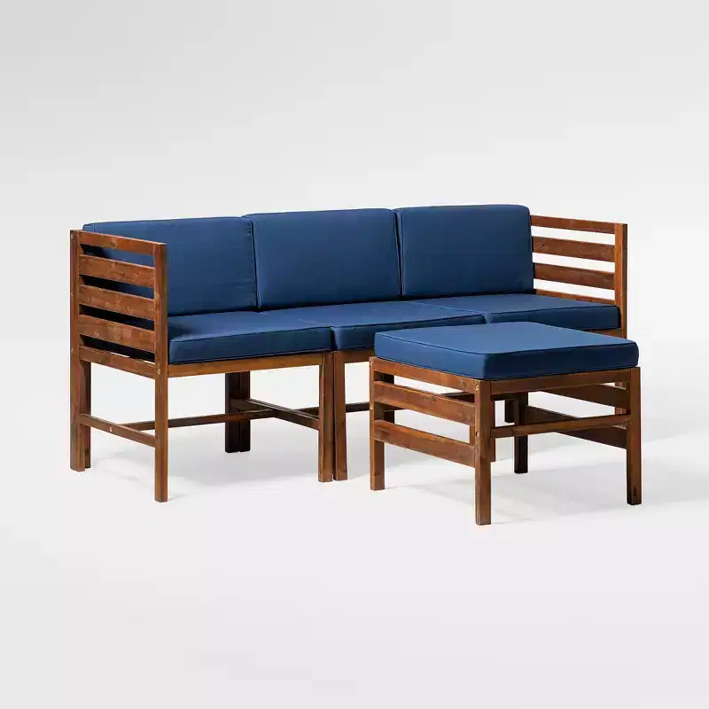 4pc Modular Acacia Wood Patio Sectional with Ottoman - Dark Brown/Navy - Saracina Home: Weather-Resistant, Removable Cushions