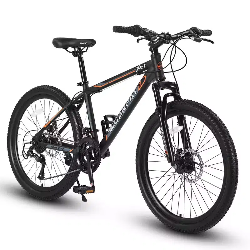 NAYSAYE Bicycle 24 Inch Mountain Bike 21 Speeds Steel Frame for Boys and Girls for Off Road Adventures, Black and Orange, 56.3*7.88*28.35