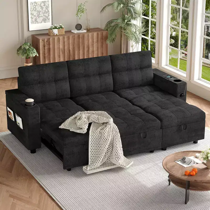 84 Sectional Sleeper Sofa Bed with Pull Out Couch - Convertible Plush Corduroy Cloud Couch with Storage Chaise & USB Charging, Comfy l Shaped Modular