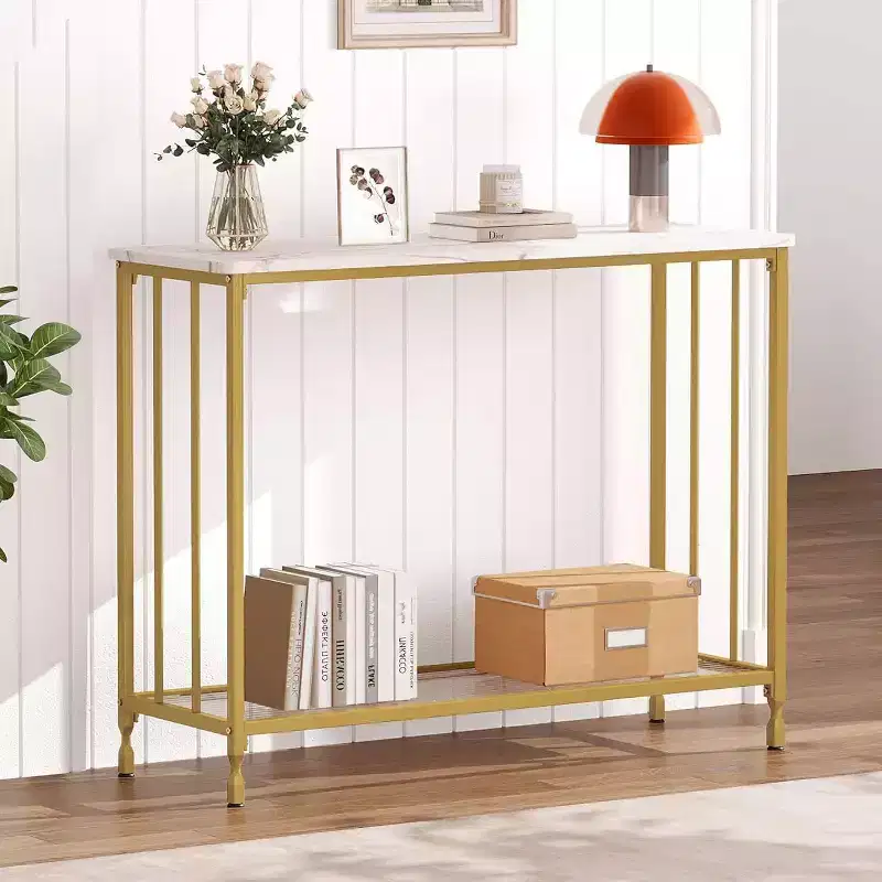 41.5 inch Industrial Console Table, Narrow Entryway Table with Glass Shelf and Metal Frame, Behind Couch Table for Hallway, Living Room