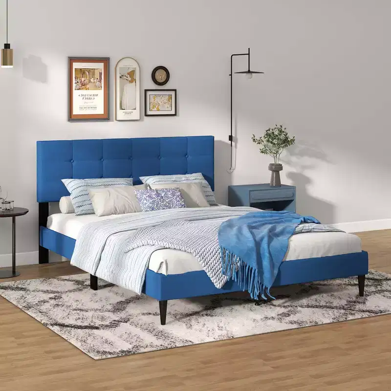 Queen Upholstered Platform Bed Mattress Foundation Button Tufted Headboard Blue/Grey