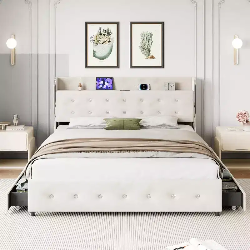 Full-size Bed Frame, with Headboard Shelf and Charging Station, 4 Storage Drawers, Supported by Wooden Strips, no Springs Required, White