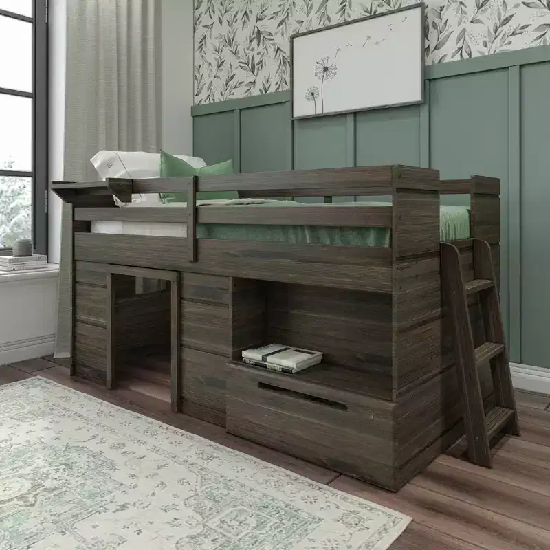 Max & Lily Modern Farmhouse Low Loft Bed with Storage Drawer, Solid Wood Bed for Kids