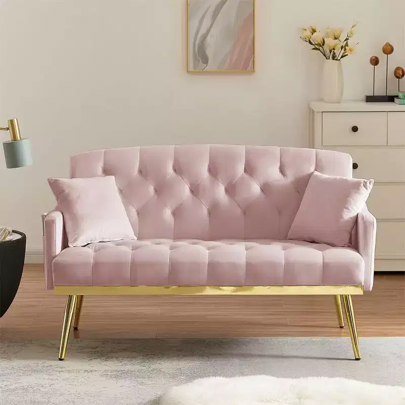 2-Seater Velvet Loveseat Sofa  Tufted Back, Metal Legs, with 2 Pillows, for Living Room, Bedroom or Office