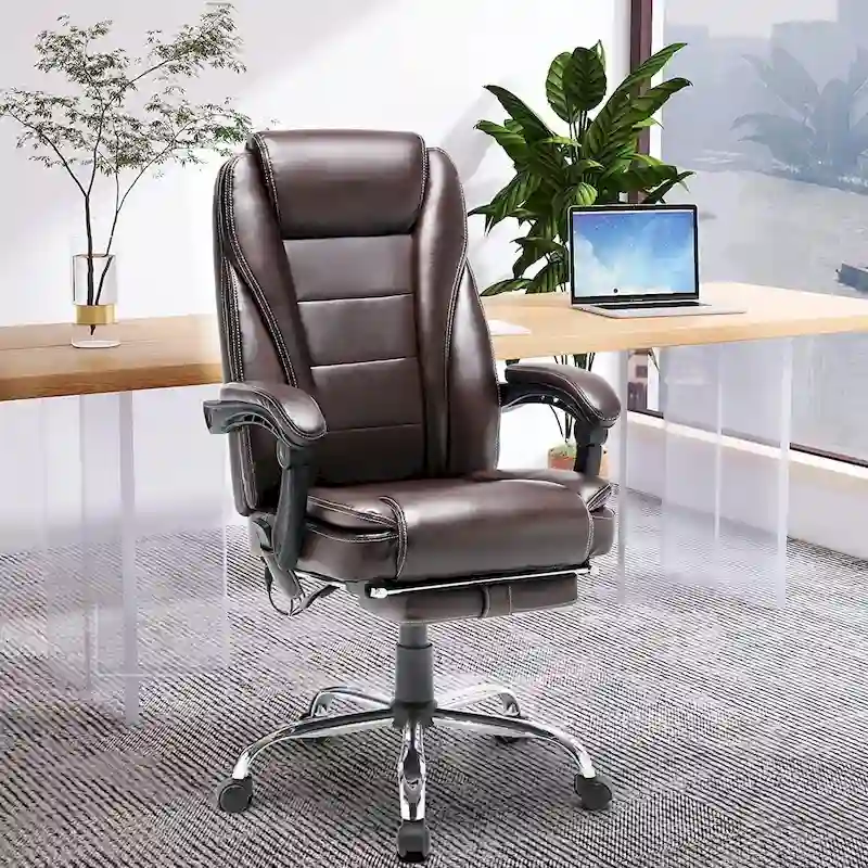 Ergonomic Heated Executive Office Chair, 2/4/6-Point Massage, Retractable Footrest, PU Leather