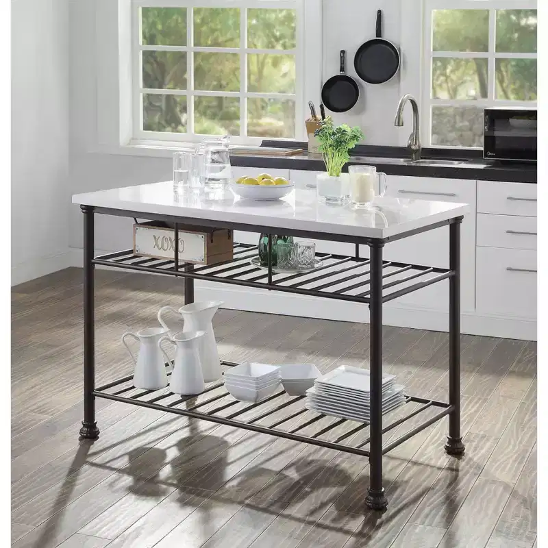 50 Freyja Kitchen Island White Cultured Stone/Gray Finish - Acme Furniture: Metal Frame, Storage Shelves