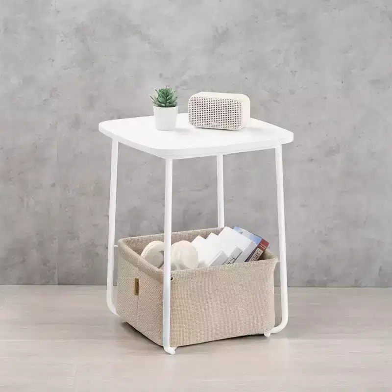 Modern Nightstand with Fabric Basket Square Bedside Table, End Table, Side Table for Living Room, Bedroom Matte White and Camel Brown