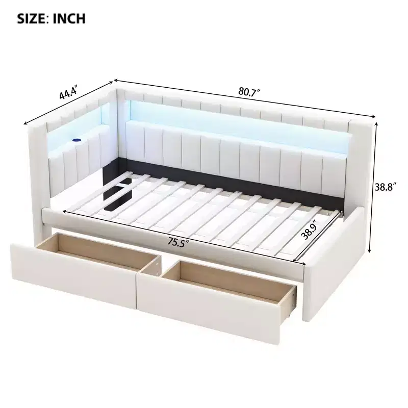 Upholstered Twin Size Platform Bed with USB Ports and LED Belt, With 2 Drawers, White