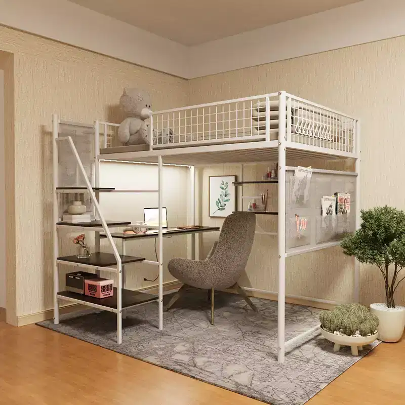 Bellemave Full size loft metal bed with white for bedroom and dormitory, with built-in charging station,Suitable for teenagers, white