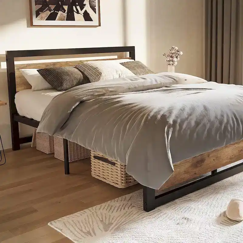 Bed Frame Platform with Headboard, No Box Spring Needed, Load Up to 700Lbs, Rustic Brown