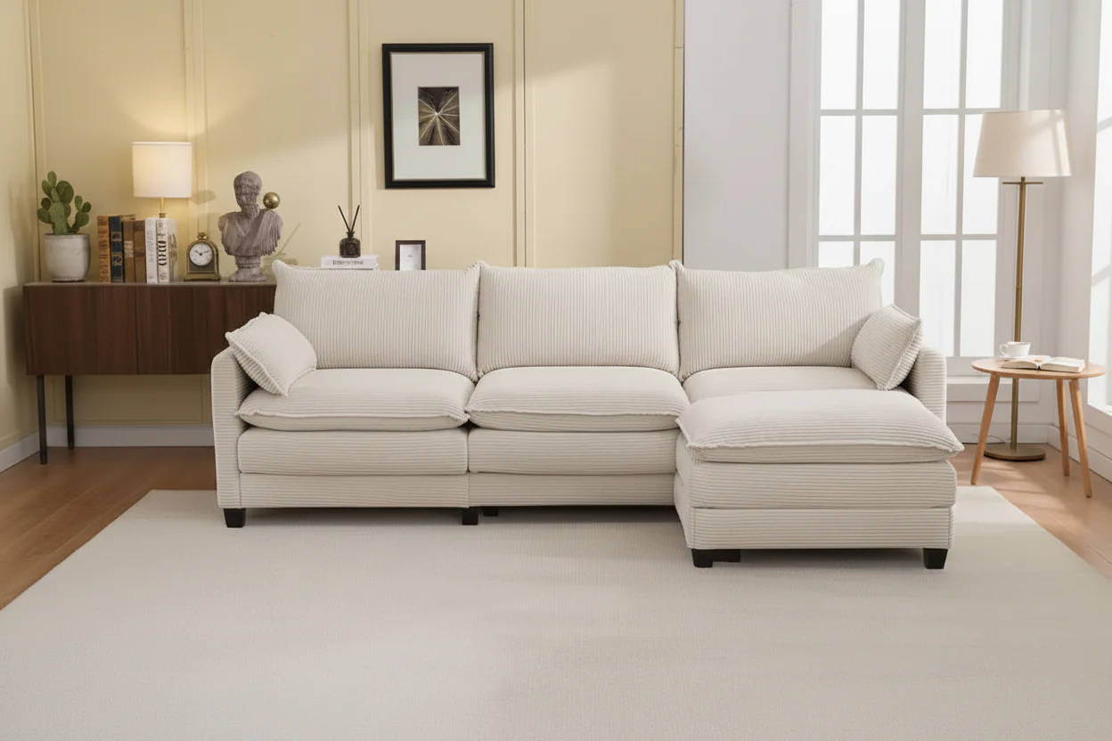 Corduroy L-Shaped Sectional Sofa, 3-Seater Couch with Movable Ottoman, Modular Living Room Furniture for Apartments