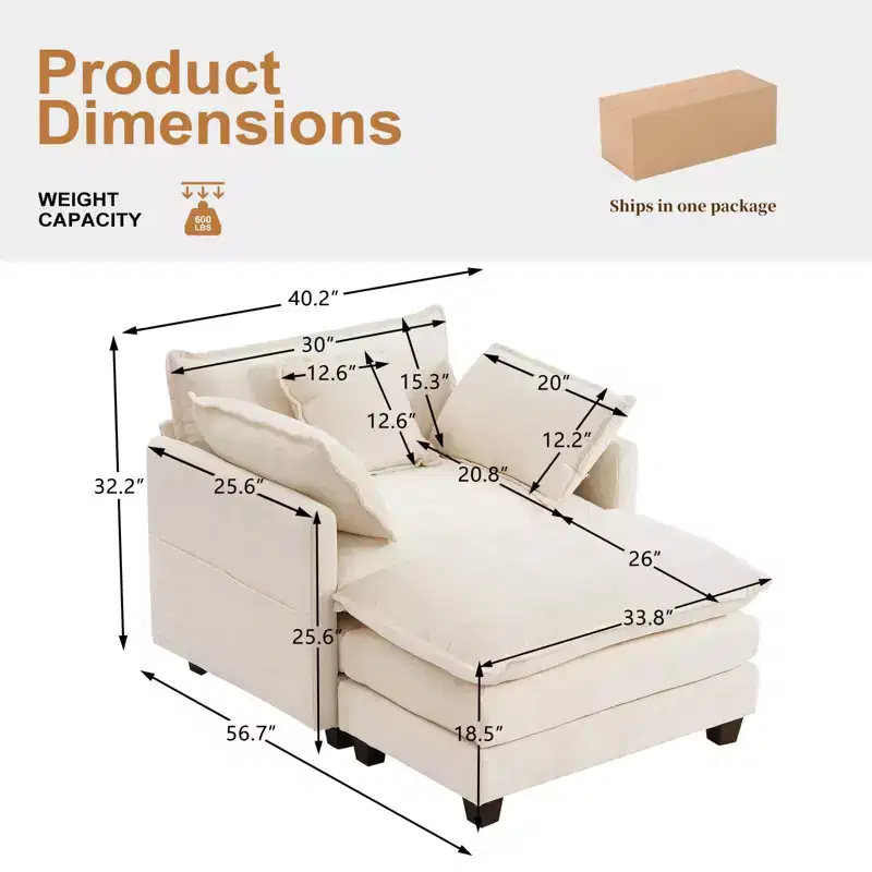 Furniliving Modern Corduroy Couch, 40 Inch Sleeper Sofa with 3 Accent Pillows, Single Seat with Ottoman