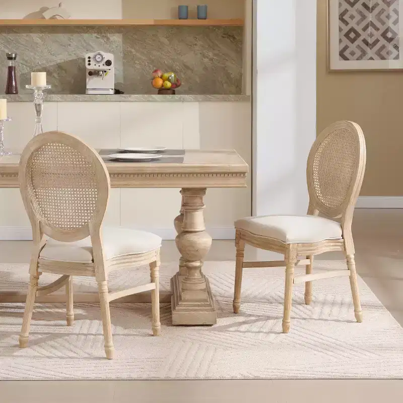 Set of 2 French Rustic Upholstered Dining Chairs with Round Rattan Back, Farmhouse Solid Wood Armless Kitchen Chairs for Dining Room-Panipeachy
