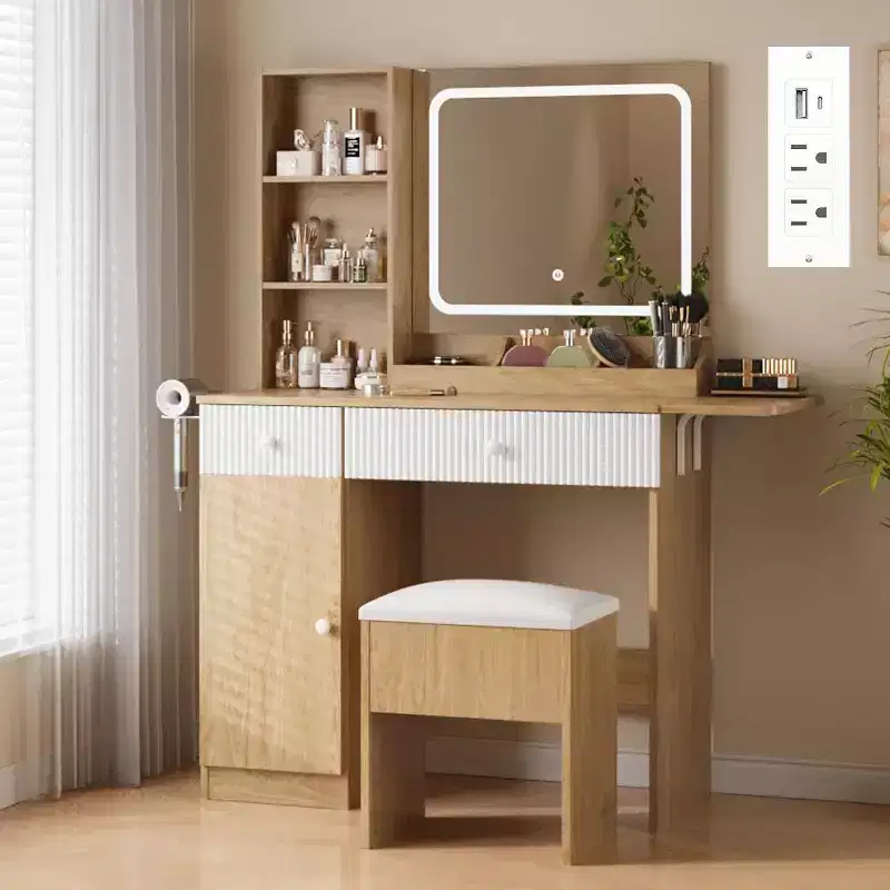 Makeup Vanity with Light and Mirror, Vanity Desk Foldable Desktop, Power Strip, Adjustable Lighting, Drawers and Cushioned Stool
