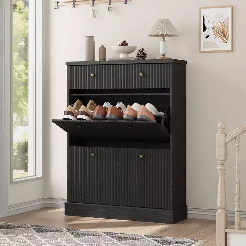 42 Fluted Shoe Cabinet with 2 Flip Drawers - Curved Profile Wooden Shoe Organizer for Entryway & Hallway