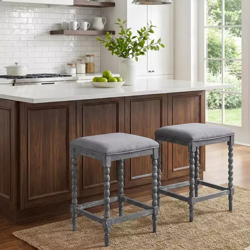 Rustic Acacia Wood Backless Counter Stools with Upholstered Seat