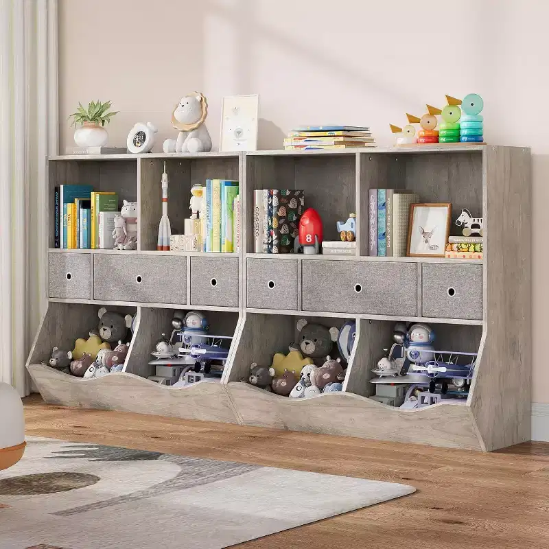 7-Cubby Kids Toy Storage Organizer with Drawers, 3-Tier Bookcase Cabinet for Playroom, Living Room, School, 2-Pack, Gray
