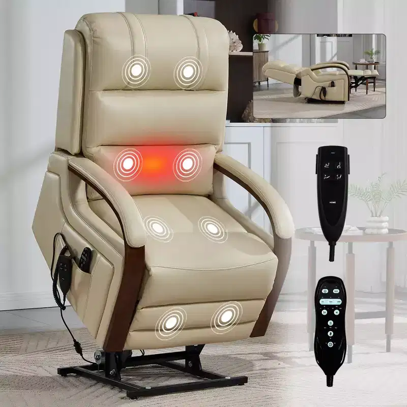 Grey Chenille Power Lift Recliner Chair with Solid Wood Armrests and Heat Massage for Living Room Apartment