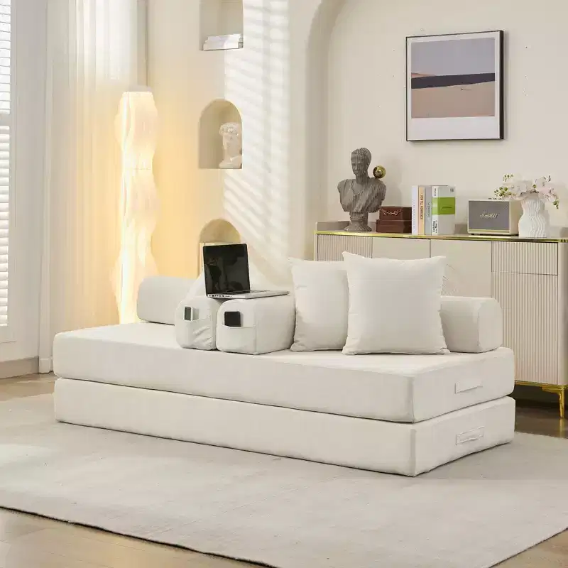 Chenille Lounge Floor Sofa Bed with Convertible Foldable Mattress,2-Seater Futon Couch Sleeper Sofa for Living Room,Bedroom