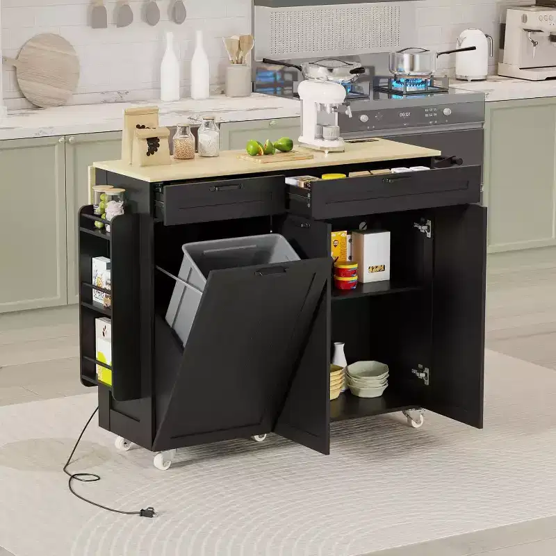 Acekool Rolling Kitchen Island Cart with Power Outlet, Storage Drawers and Drop Leaf