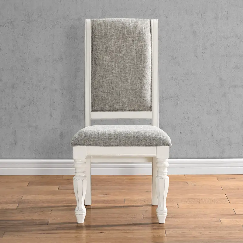 Roundhill Furniture Belleza Antique White Solid Wood Upholstered Dining Chairs, Set of 2