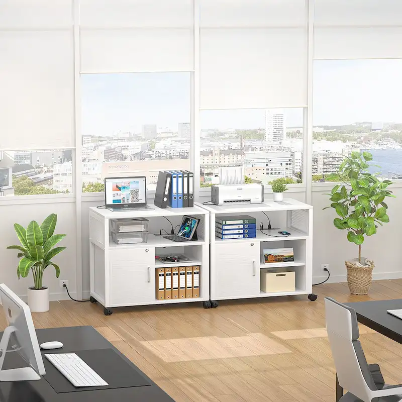 Rolling File Cabinet Lateral Office Filing Cabinets with Charging Station,Modern Printer Stand on Wheels
