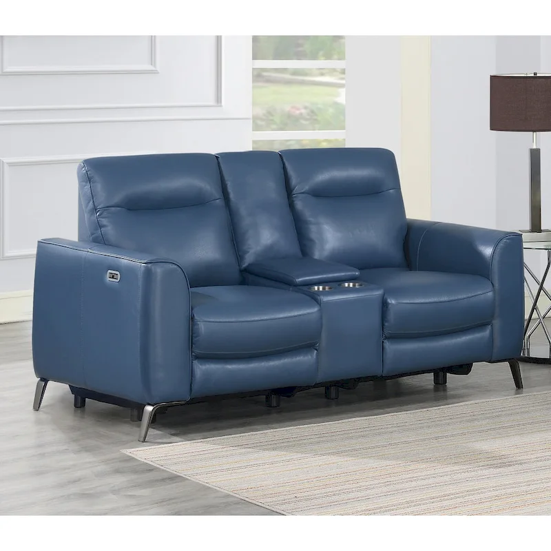 Top Grain Leather Ocean Blue Power Reclining Console Loveseat