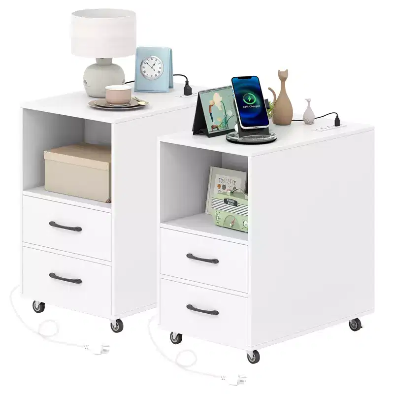 Costway 2PCS End Table w/Built-in Charging Station USB Ports Outlets 2 Drawers 3 Shelves White