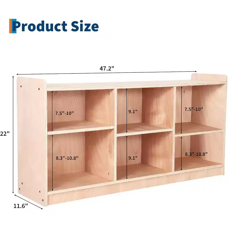 Wooden Storage Shelf,5-Compartment Toy & Book Organizer with Adjustable Dividers, Natural Finish Kids' Bookcase for Playrooms, Nurseries & Classrooms