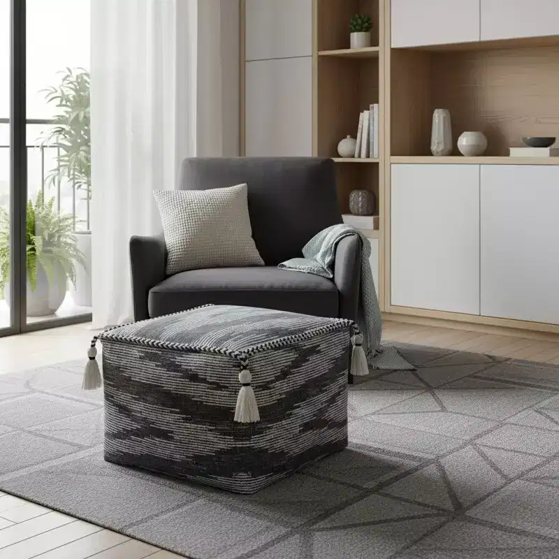 HomeRoots 18 Gray Cotton Striped Pouf Ottoman