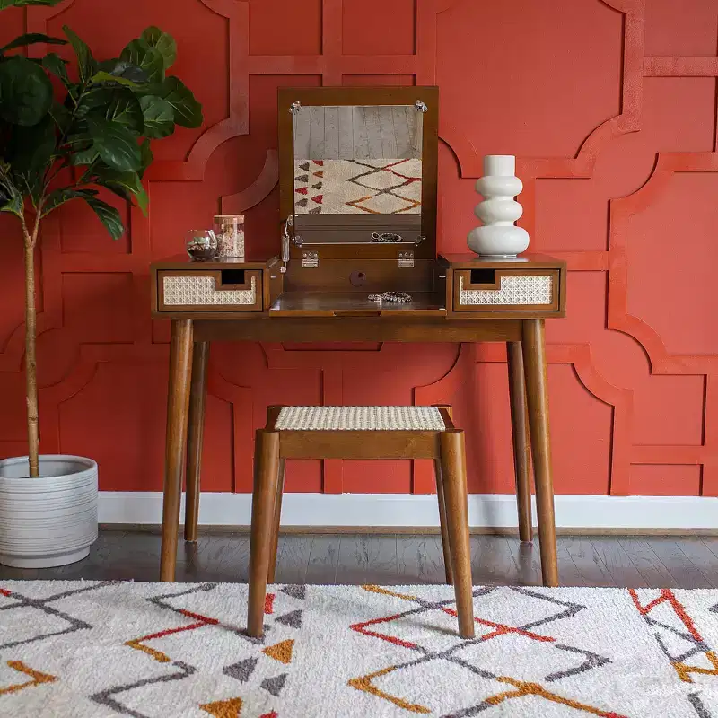 Solid Wood Vanity with Stool | Bohemian Flip Mirror & Storage