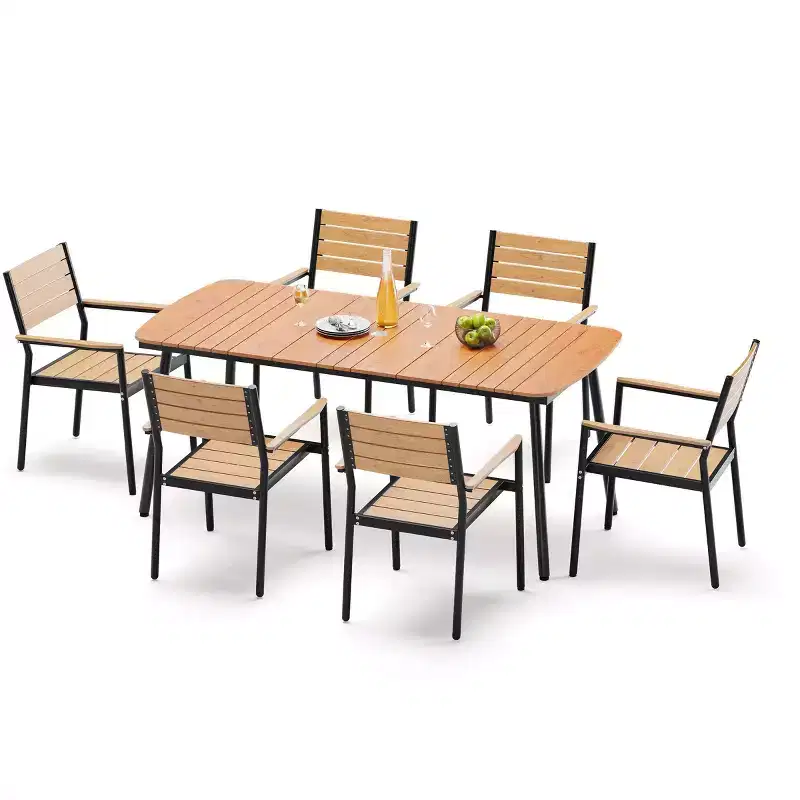 Crestlive Products 7pc Outdoor Dining set for 6 People Patio Rectangle Table Aluminum Frame with Wood-Like Tabletop and Umbrella Hole