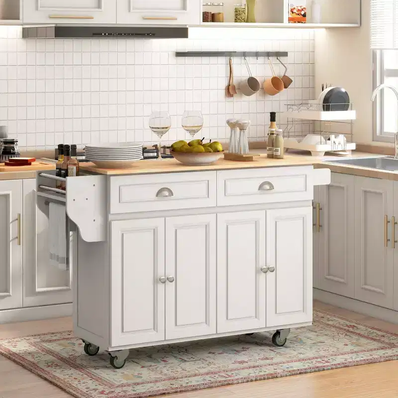 Rolling Kitchen Island Drop Leaf, Kitchen Cart on Wheels, Solid Wood Top Breakfast with Storage Drawers, Cabinets and Spice Rack