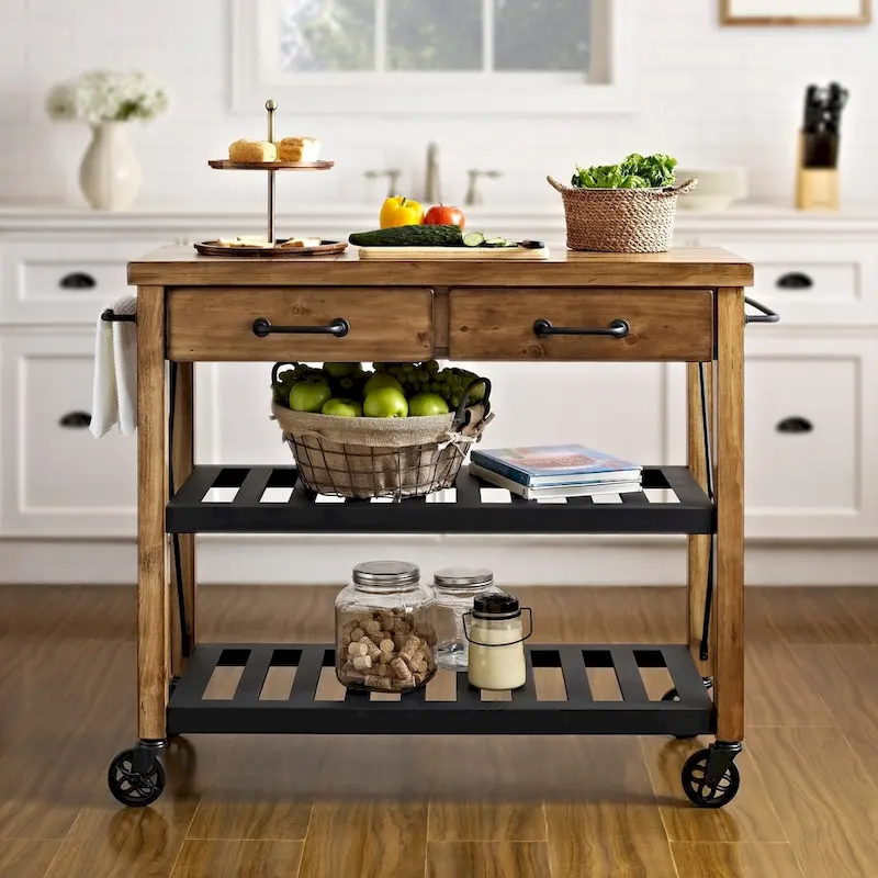 Industrial Kitchen Cart with Solid Pine Top – 2 Drawers, Metal Shelves, 42