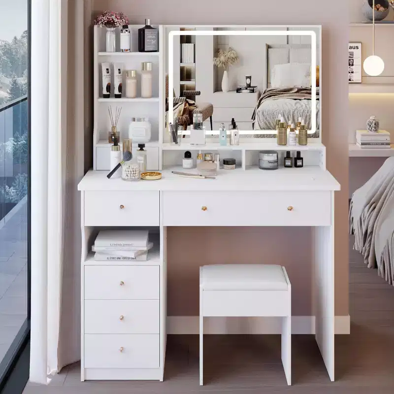 Okak Vanity Table with Drawers and Lights,41 Left-Side Vanity Desk with Cushioned Stool & Extra-Large Touch Sliding LED Mirror,White
