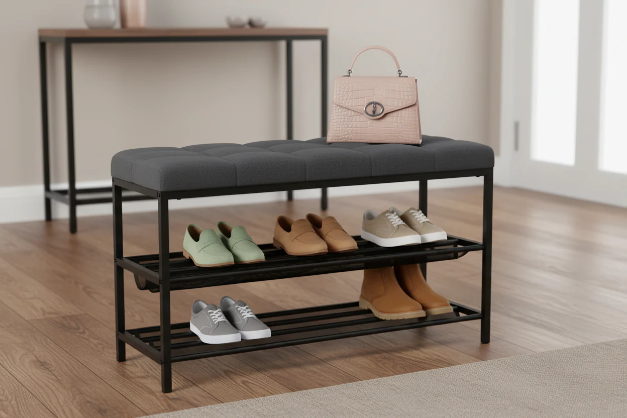 Entryway Shoe Bench with Cushion & Linen Seat - Metal Frame