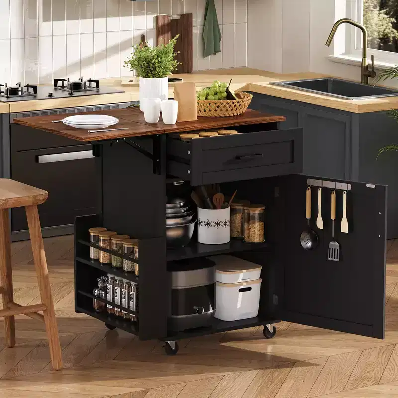 39.3 Farmhouse Kitchen Storage Island Cart with Drop Leaf, Towel Rack, 1 Drawer