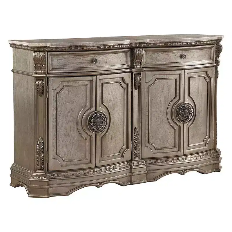 Northville 68" Marble Top Server with Storage, Antique Silver - Acme Furniture: No Assembly, Scrolled Motifs
