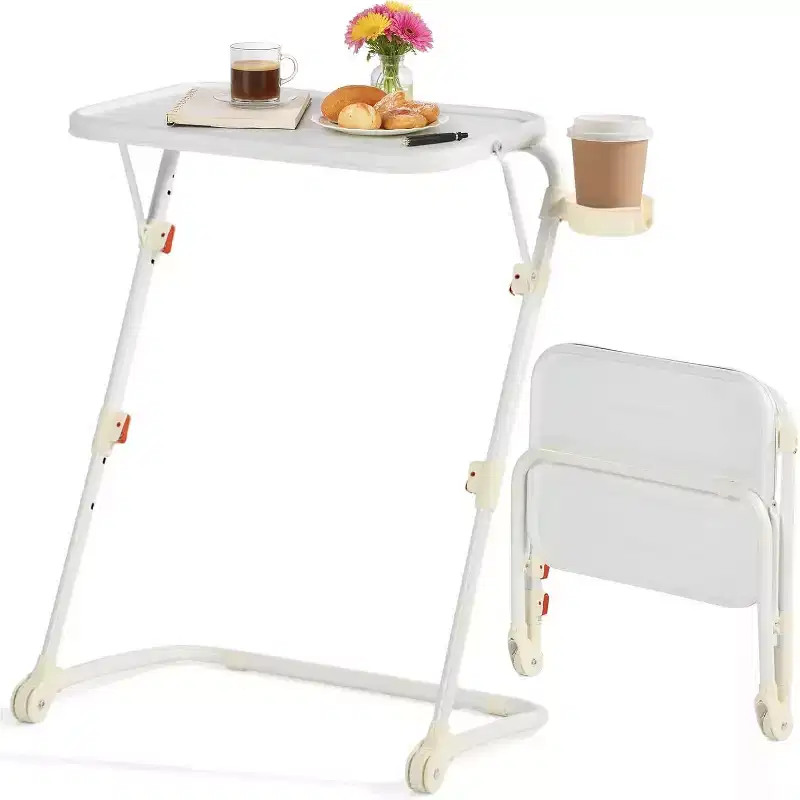 FurnitureR Adjustable Folding TV Tray with 4 Height & 3 Tilt Angle, Foldable Dinner Trays Laptop Snack Table with Cup Holder Sofa, 2PCS. White