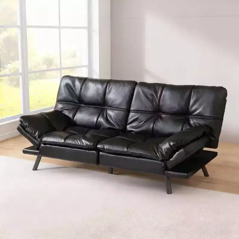 Dyonery Black Faux Leather Sofa Bed with Memory Foam, Adjustable Backrest & Armrests, Multifunctional Small Loveseat Sleeper Sofa