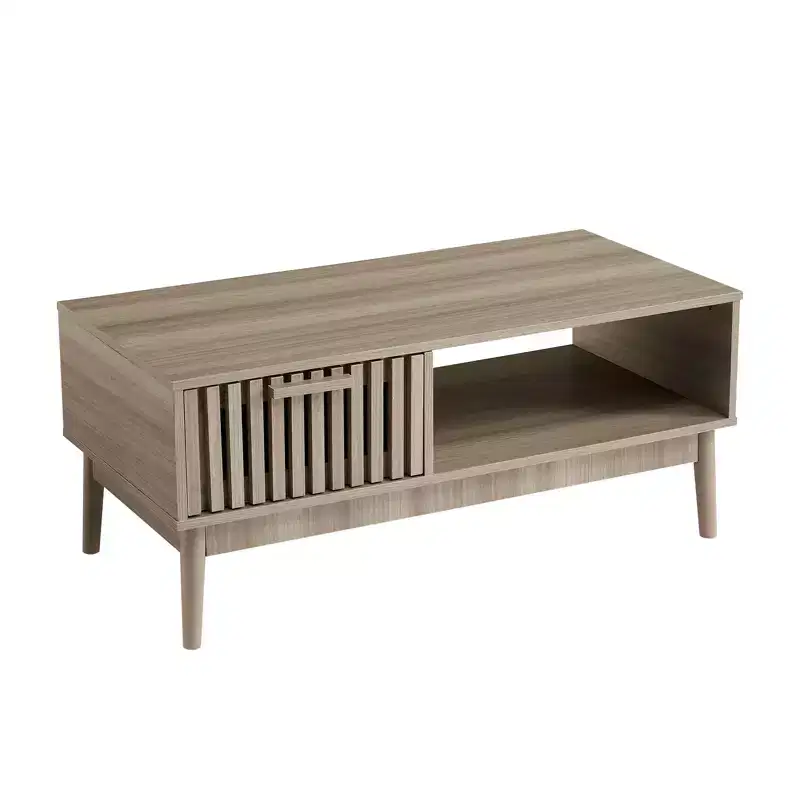 Farmhouse Coffee Table with Storage, 39.4 Rustic Fluted Accent Table with Drawer & Open Shelf for Living Room