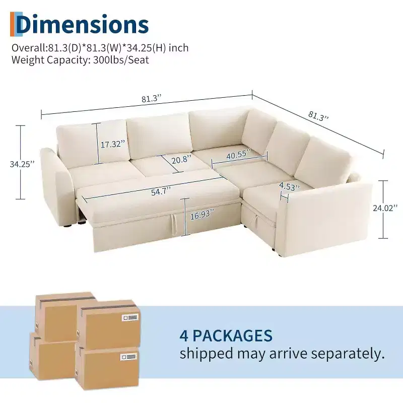 Acekool Chenille Sectional Sofa with Pull-Out Bed, Gray | Modular L-Shaped Couch with Storage Seats & Corner Piece Product Description