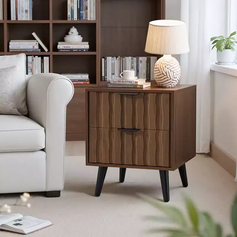19.7 Mid Century Modern Fluted Nightstand with Drawers & Open Storage, Solid Wood Legs Walnut Bedside Table for Bedroom  Bekrvio